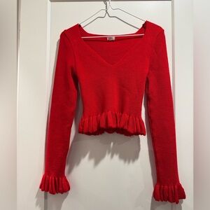 debut Red V-Neck Long-Sleeve Top with Ruffle Hem Size Xs‎